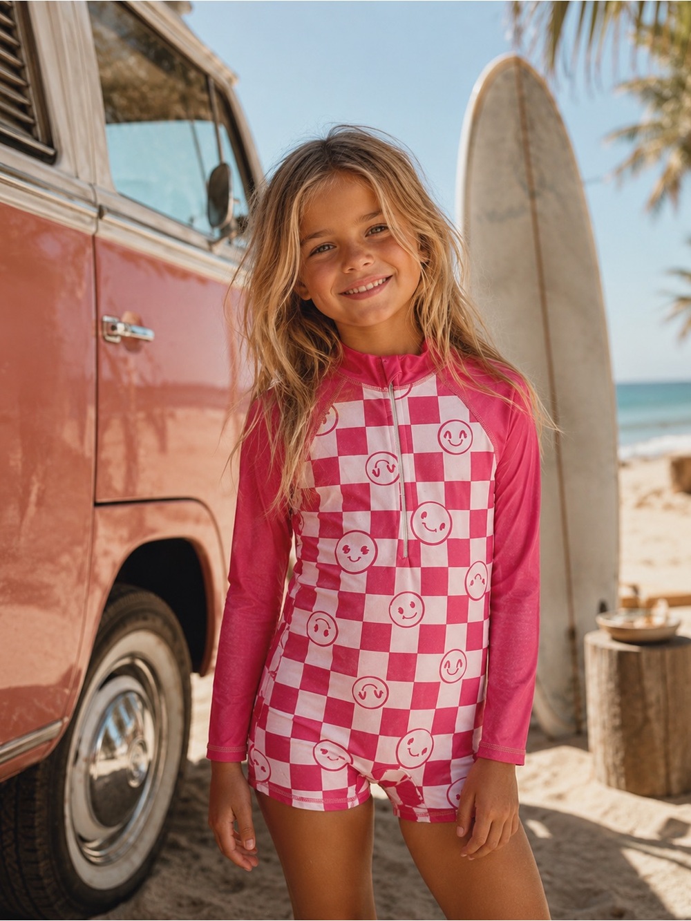 Rash guard One Piece Pink Checkerboard Smiley Face Swimsuit NWT Girl’s Size 5/6